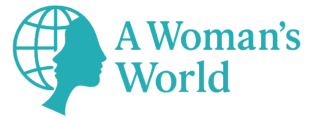 A Woman’s World logo – turquoise silhouette of a woman with a globe and brand name in turquoise letters.